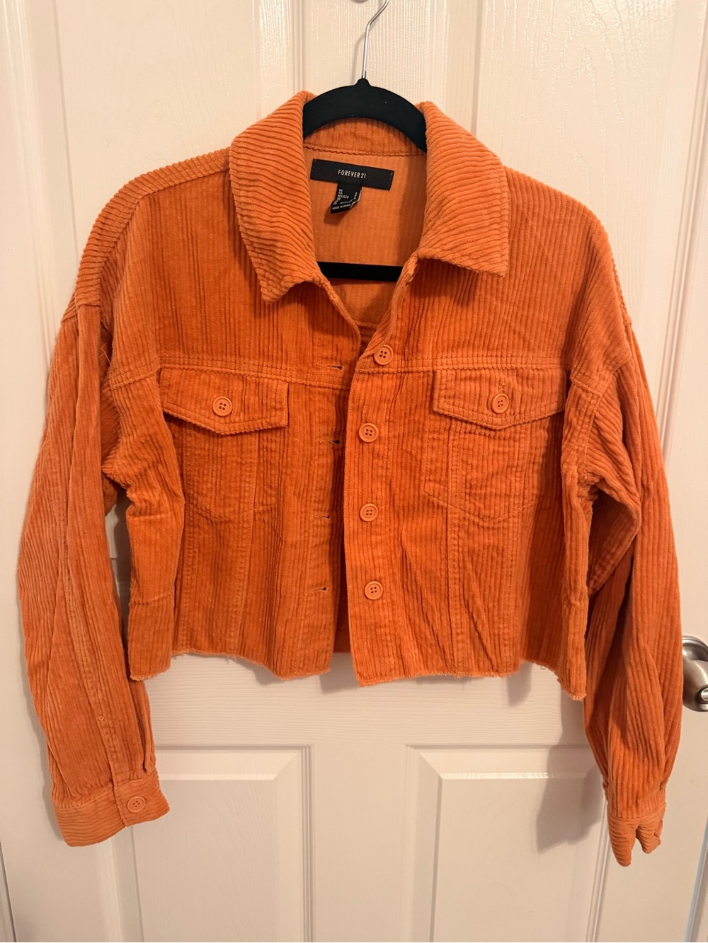 Forever 21 Orange Corduroy Cropped Jean Jacket